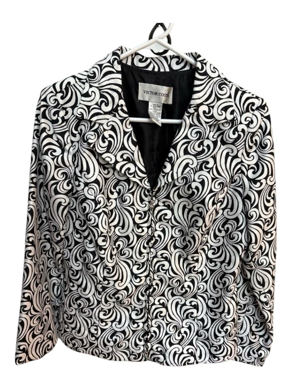 Victor Costa Beaded Scroll Print Black & White Blazer Jacket Size 10 Vintage